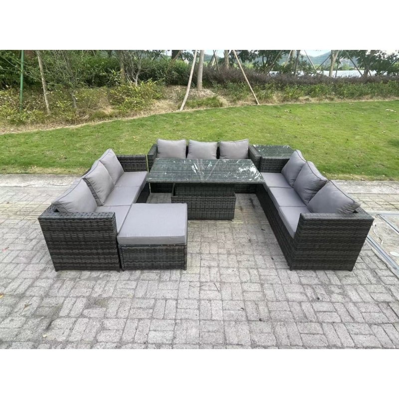 Fimous Outdoor Rattan Garden Furniture Sofa Set Patio Adjustable Rising Lifting Dining Table Set with Side Table Big Footstool 10 Seater Dark Grey Mixed