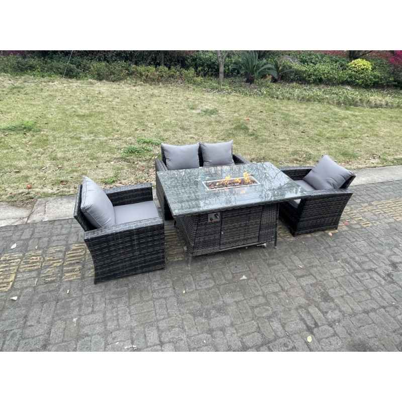 Fimous Rattan Outdoor Furniture Gas Fire Pit Rectangle Dining Table Gas Heater Chairs Two Seater Love Sofa Sets 4 Seater