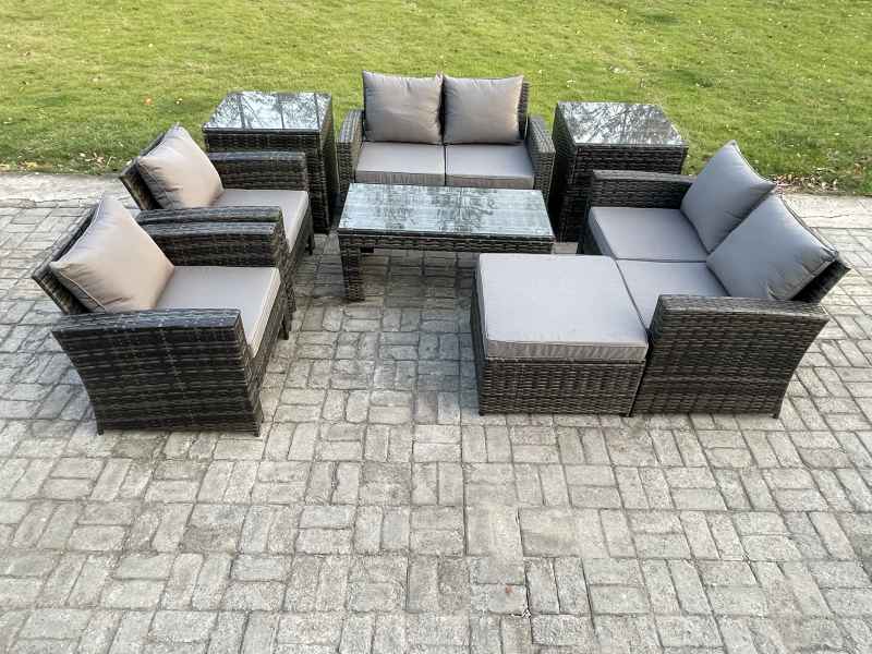 Fimous 7 Seater Dark Grey Mixed High Back Rattan Sofa Set Coffee Table Garden Furniture Outdoor Patio With Love Sofa Arm Chairs 2 Side Tables Big Footstool