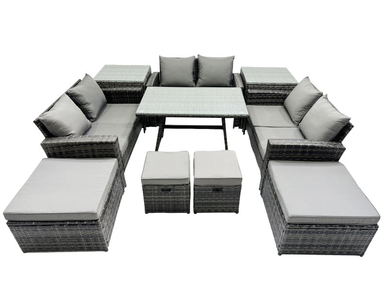 Fimous 10 Seater Wicker PE Rattan Furniture Outdoor Dining Table Double Seat Sofa 4 Stools 2 Side Table Set Dark Grey Mixed