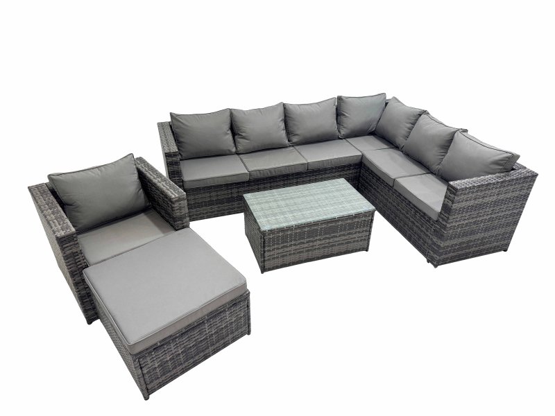 Fimous Patio Sofa Oblong Coffee Table Set Rattan Garden Furniture Set with Big Stool Chair Dark Grey Mixed