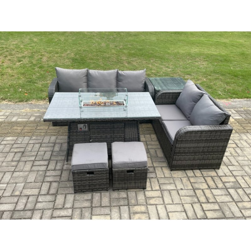 Fimous PE Wicker Outdoor Rattan Garden Furniture Set Propane Gas Fire Pit Table and Sofa set with Side Table 2 Small Footstools