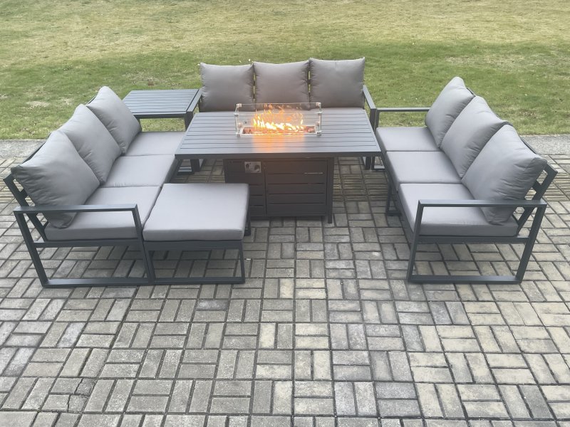 Fimous Aluminium 10 Seater Garden Furniture Outdoor Set Patio Lounge Sofa Gas Fire Pit Dining Table Set with Big Footstool Side Table Dark Grey