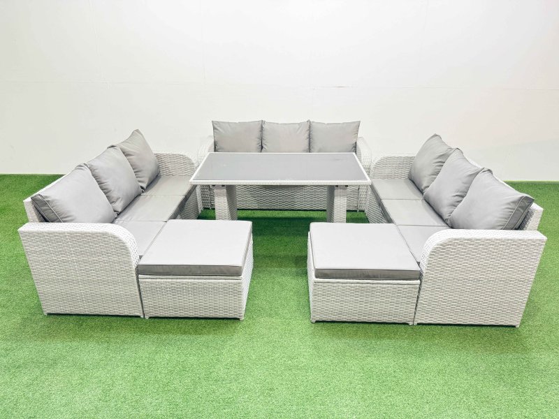 Fimous Patio Garden Furniture Sets with Black Glass Top Dining Table 3 Seater Sofa 2 Big Stool Light Grey