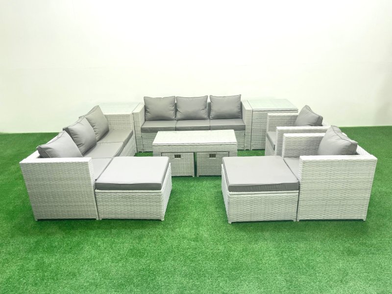 Fimous Rattan Garden Furniture Set Outdoor Lounger Sofa with Coffee Table 4 Footstools 2 Side Tables Light Grey Mixed 12 Seater