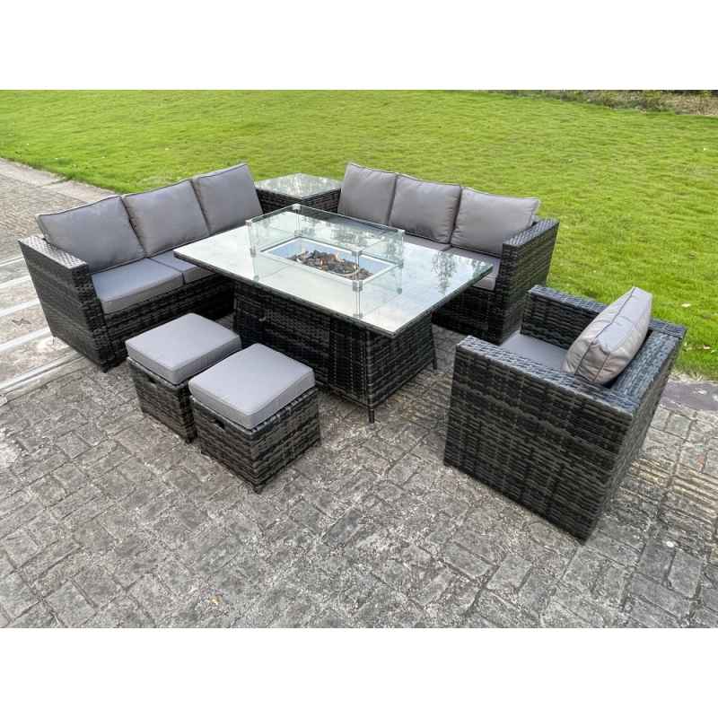 Fimous Outdoor Rattan Garden Corner Furniture Gas Fire Pit Table Sets Gas Heater Lounge Chair Small Footstool Dark Grey 9 Seater