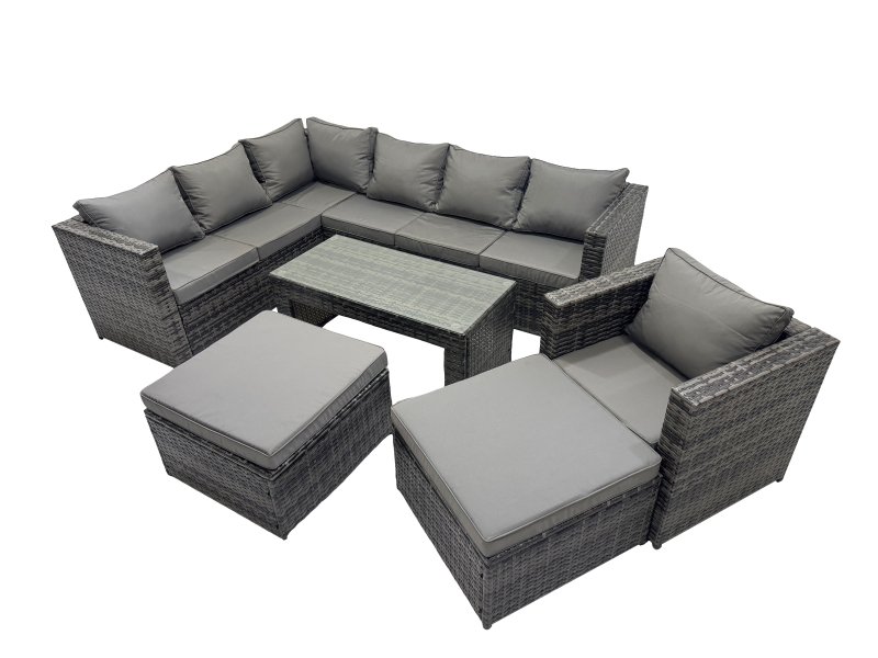 Fimous 6 Pieces Outdoor PE Rattan Garden Furniture Corner Sofa Oblong Coffee Table Set with Cushions 2 Big Footstools Dark Grey Mixed