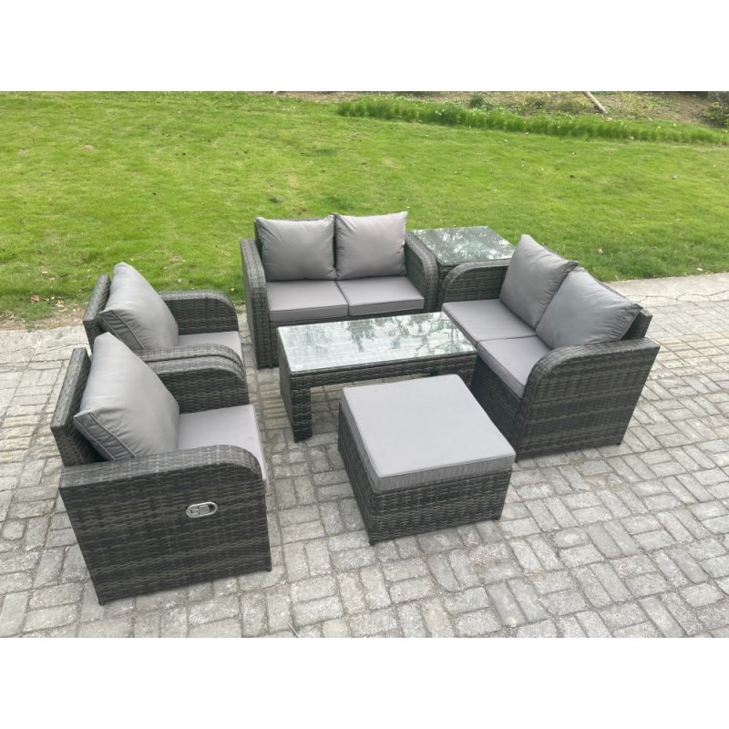 Fimous Rattan Garden Furniture Set with Rectangular Coffee Table Side Table Big Footstool 7 Seater Patio Outdoor Lounge Sofa Set