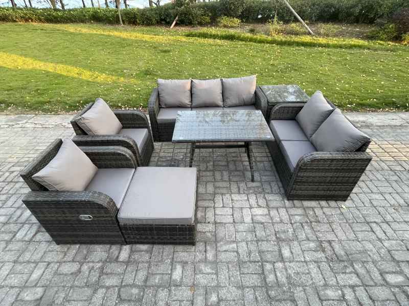 Fimous 8 Seater High Back PE Rattan Sofa Set Outdoor Garden Furniture Dining Table Set With Reclining Chair 3 Seater Sofa Love Sofa Big Footstool Side Table