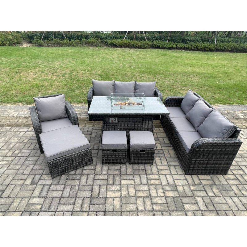 Fimous 10 Seater Wicker Rattan Garden Furniture Set Gas Fire Pit Dining Table Reclining Chair 3 Seater Sofa Set Indoor Outdoor with 3 Footstools
