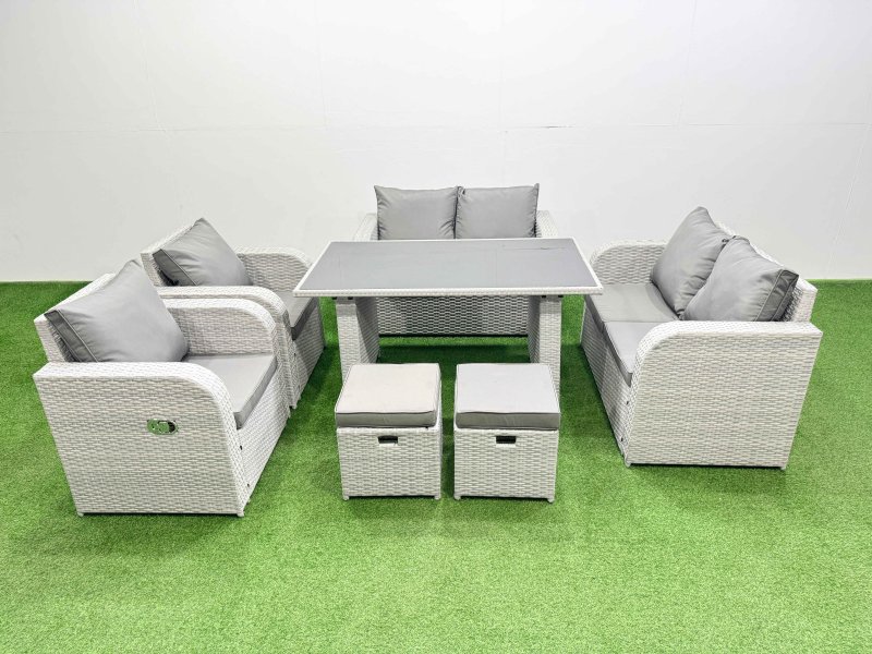 Fimous 7 Pieces Outdoor PE Rattan Sofa Reclining Chair Set Patio Garden Furniture Sets with Cushions 2 Small Stools Light Grey
