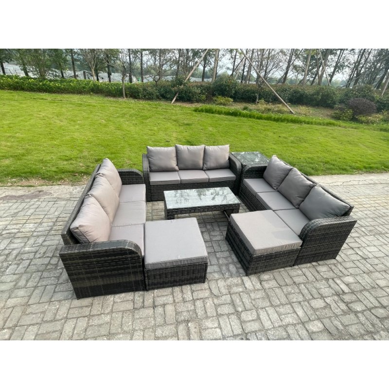 Fimous Rattan Garden Furniture Set 11 Seater Indoor Outdoor Patio Sofa Set with Coffee Table 2 Big Footstool Side Tables Dark Grey Mixed