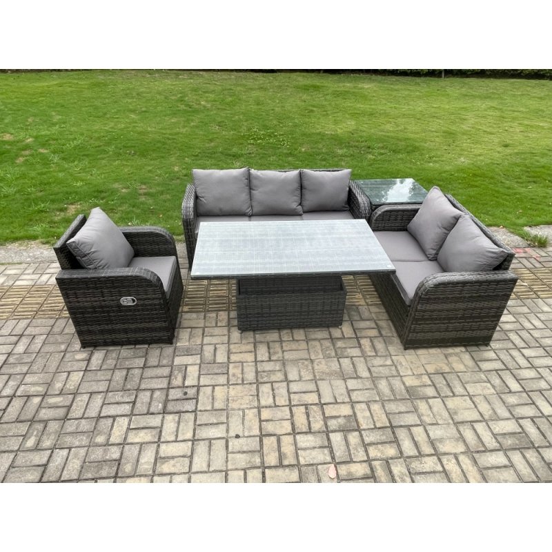 Fimous Outdoor Rattan Furniture Garden Dining Set Patio Height Adjustable Rising lifting Table Reclining Chair Sofa With Side Table Dark Grey Mixed