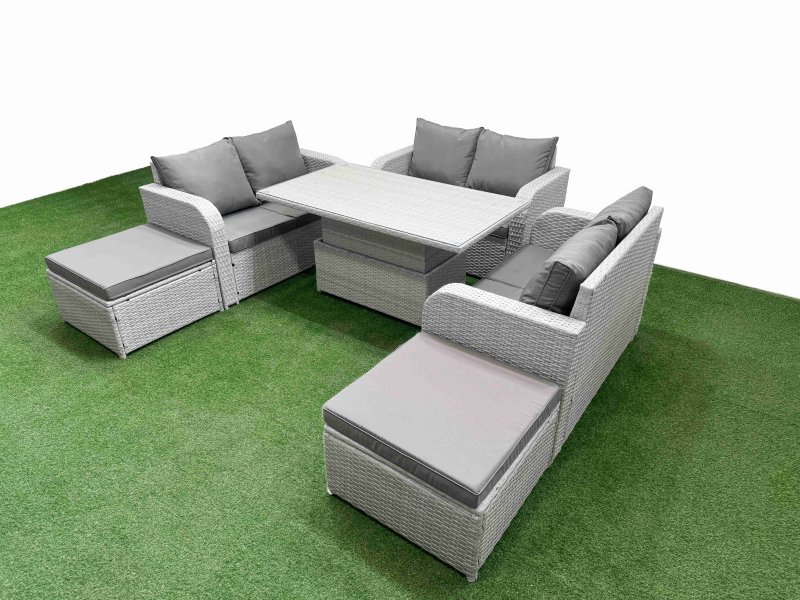 Fimous 8 Seater PE Wicker Rattan Furniture Sofa Sets with Adjustable Lifting Dining or Coffee Table 2 Seater Love Sofa 2 Big Footstool Light Grey