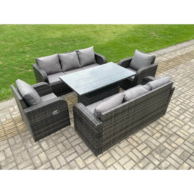 Fimous 8 Seater PE Rattan Outdoor Garden Furniture Sets Height Adjustable Rising lifting DiningTable Sofa Set with Reclining Chair Dark Grey Mixed