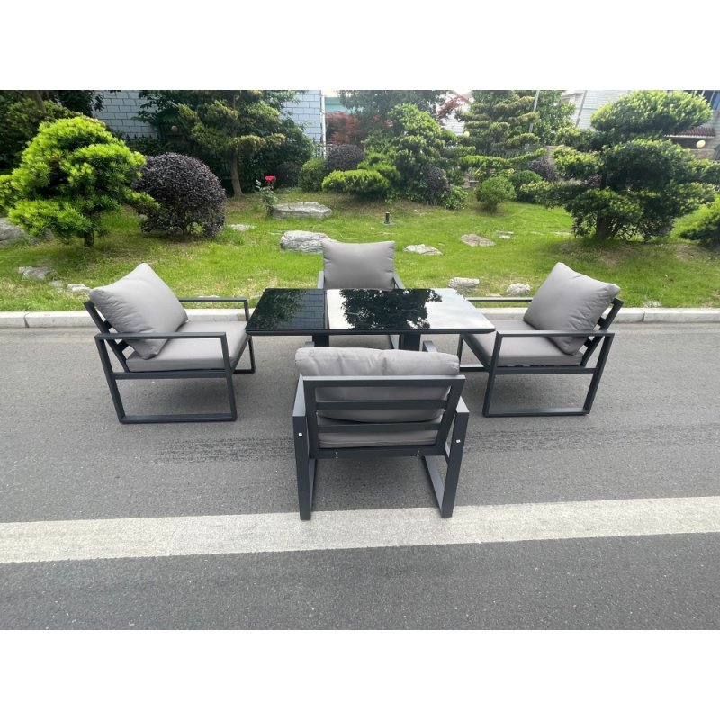 Fimous Aluminum Garden Furniture Dining Set Adjustable Rising Lifting Table And Chairs Patio Outdoor 4 Seat Plus Black Tempered Glass Dark Grey