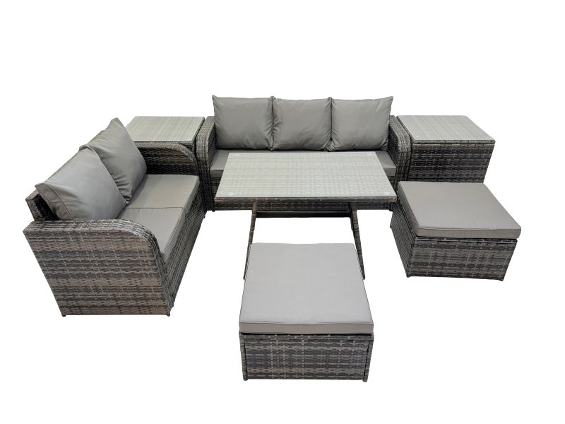 Fimous 7 Seater Garden Outdoor Rattan Furniture Set Rattan Sofa Oblong Dining Table with 2 Side Tables 2 Big Stools Dark Grey