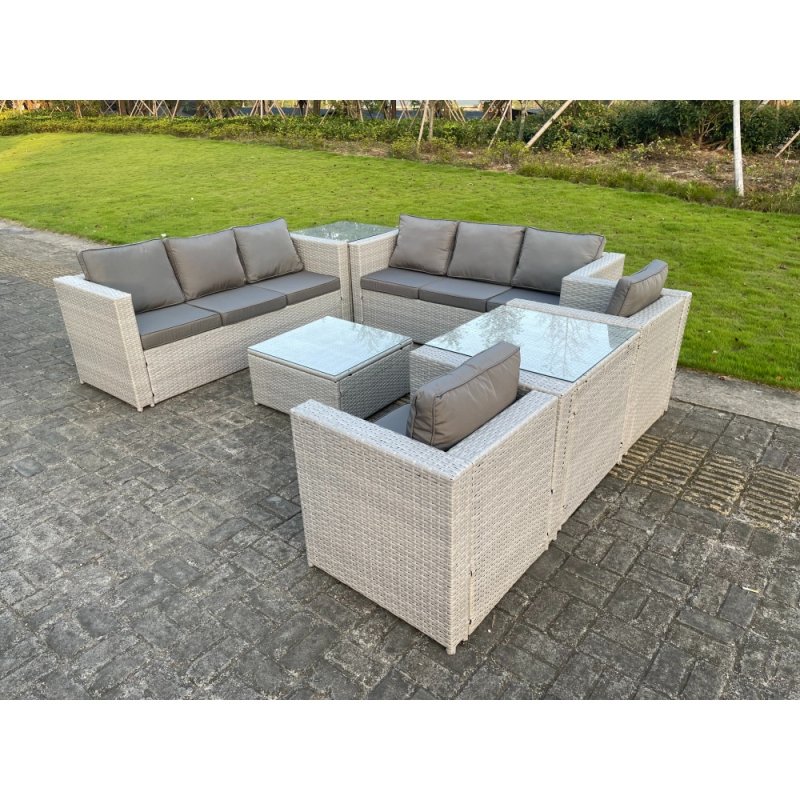 Fimous Light Grey Outdoor PE Rattan Garden Furniture Set Wicker Sofa Set Square Coffee Table 2 Armchair Side Table