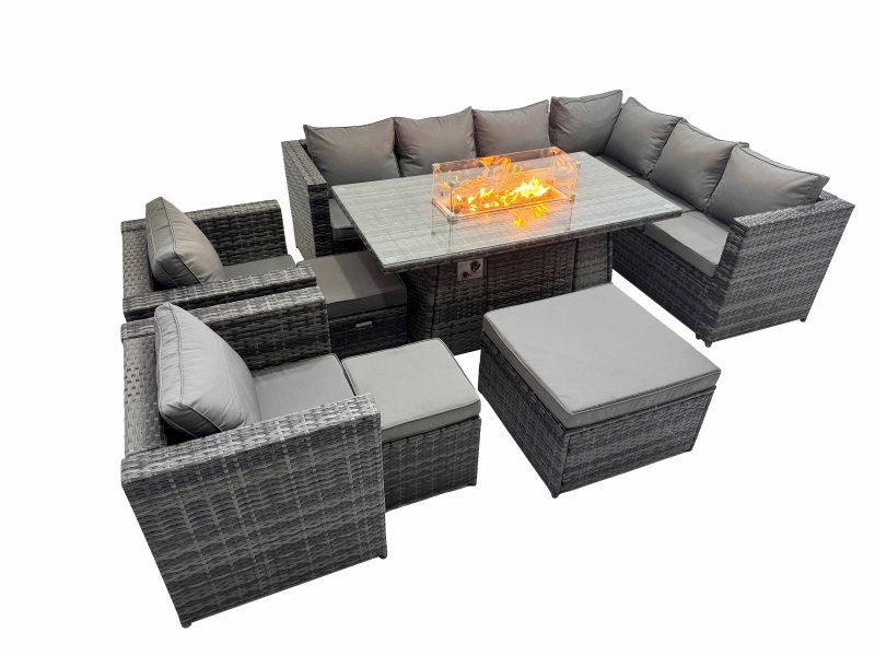 Fimous Garden Rattan Furniture Set 11 Seater Outdoor Corner Sofa 2 Chair Gas Firepit Dining Table Set with 3 Stools Dark Grey
