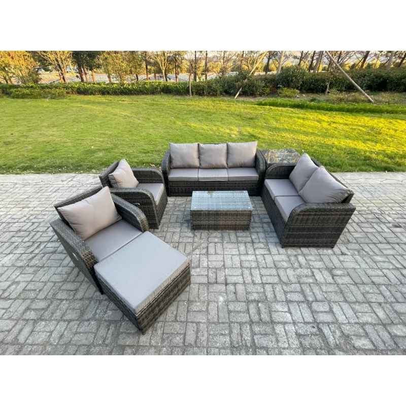 Fimous 8 Seater Rattan Wicker Garden Furniture Patio Conservatory Sofa Set with Rectangular Coffee Table 3 Seater Sofa Love Sofa Big Footstool Side Table