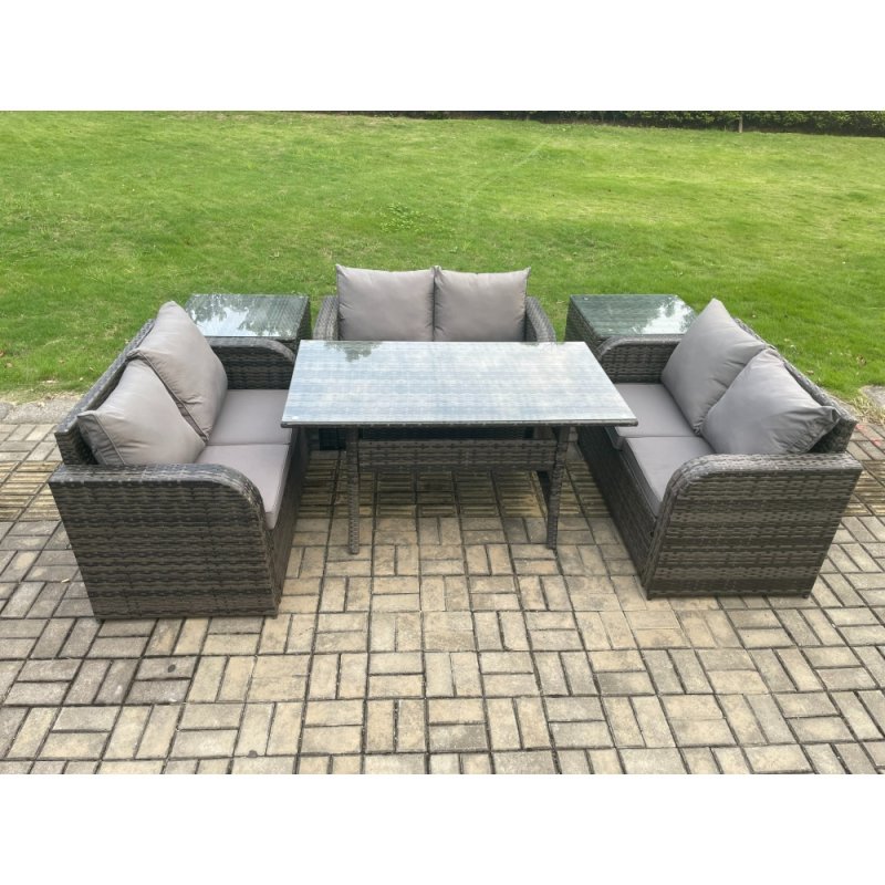 Fimous 6 Seater Outdoor Rattan Garden Furniture Set with Patio Love Sofa Rectangular Dining Table 2 Side Tables Dark Grey Mixed