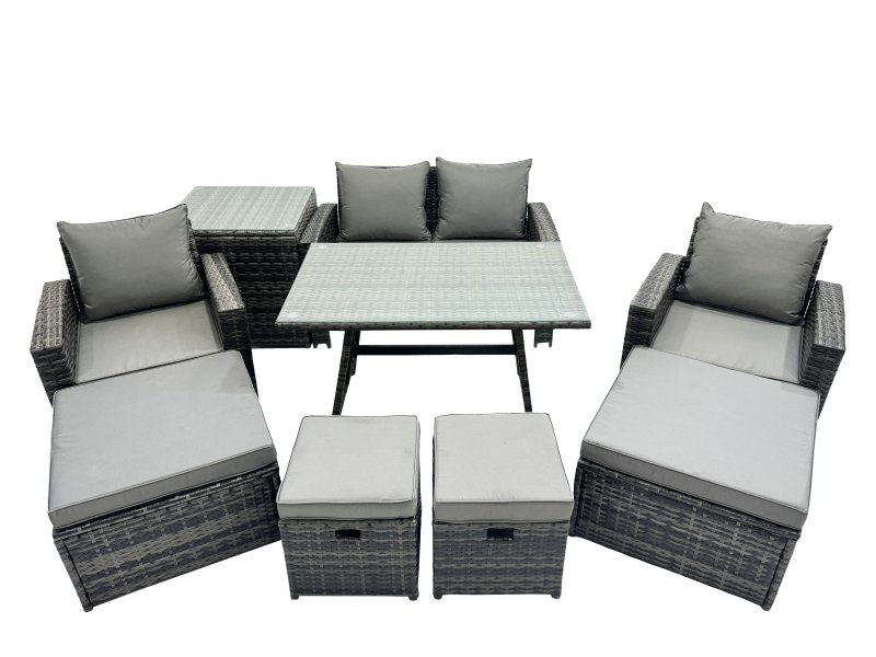 Fimous 8 Seater Wicker PE Rattan Furniture Outdoor Dining Table Double Seat Sofa Side Table 4 Stools Set Dark Grey Mixed
