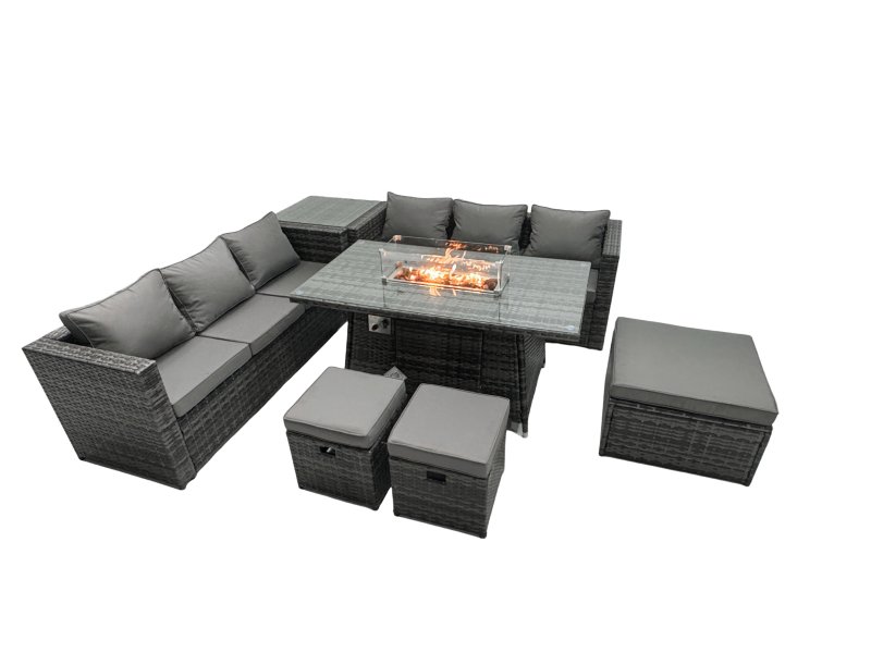 Fimous Rattan Garden Furniture Firepit Dining Set 9 Seater Lounge Sofa Table Set with Side Table 3 Footstool