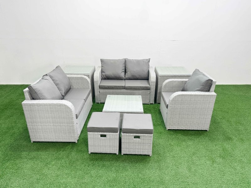 Fimous High Back Poly Rattan Garden Furniture Set with Reclining Chair Loveseat Sofa Square Coffee Table Indoor Outdoor Patio Set 2 Stool 2 Side Table Light Grey