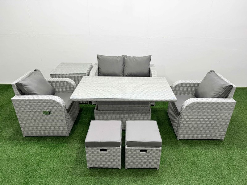 Fimous Light Grey PE Wicker Rattan Garden Furniture Set Sofa Set Reclining Chair Adjustable Lifting Dining or Coffee Table 6 Seater 2 Small Stools Side Table