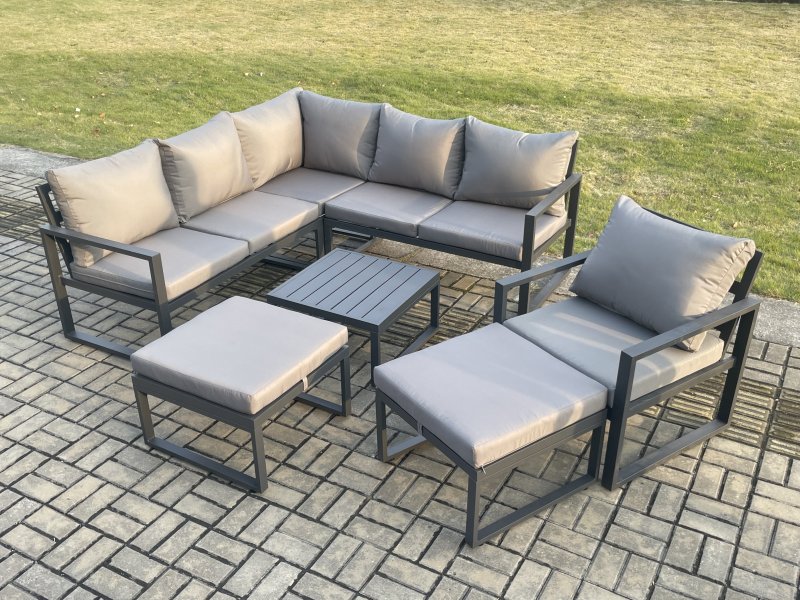 Fimous Outdoor Garden Furniture Set Aluminium Lounge Sofa Square Coffee Table Sets with Chair 2 Big Footstools Indoor Conservatory Set Dark Grey