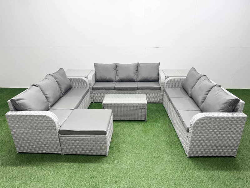 Fimous PE Rattan Lounge Sofa Set 10 Seater Outdoor Garden Furniture Set with Rectangular Coffee Table 3 Seater Sofa Big Footstool 2 Side Table Light Grey