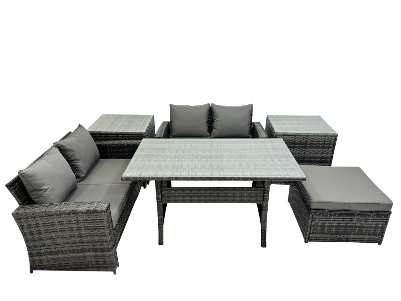 Fimous 5 Seater Wicker PE Rattan Furniture Outdoor Dining Table Double Seat Sofa 2 Side Table Big Stool Set Dark Grey Mixed