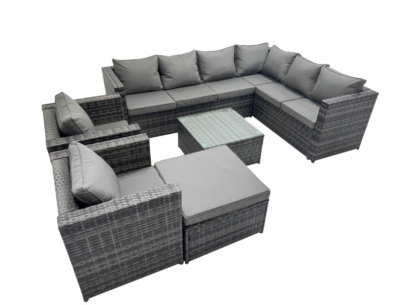 Fimous Outdoor PE Rattan Garden Furniture Sofa Set with Square Coffee Table Big Stool 2 Chair Dark Grey