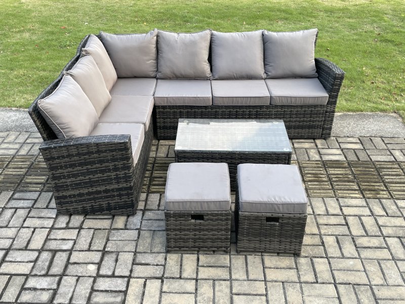 Fimous 8 Seater Outdoor Furniture Garden Dining Set Rattan Corner Sofa Set with Rectangular Coffee Table 2 Small Footstools Dark Grey Mixed