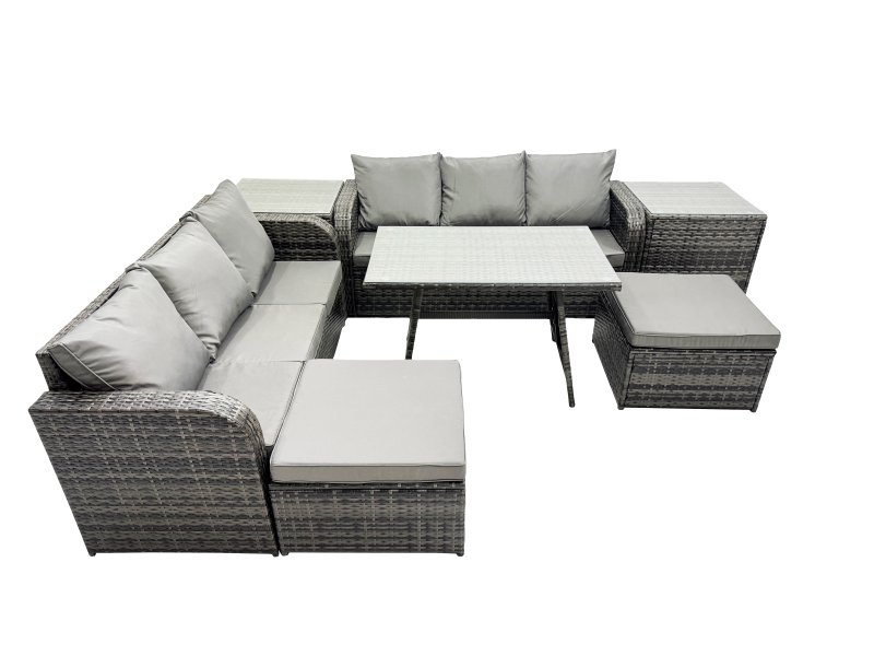 Fimous Garden Rattan Outdoor Furniture Set 8 Seater with 3 Seater Sofa 2 Side Table 2 Big Stools Dark Grey