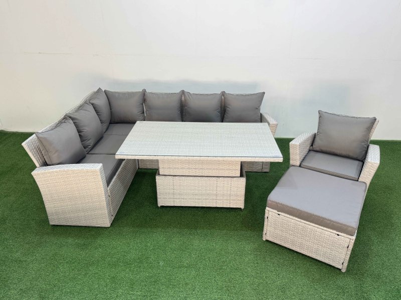 Fimous 8 Seat Rattan Outdoor Garden Furniture Corner Sofa Set Adjustable Lifting Dining or Coffee Table Set with Footstool Light Grey