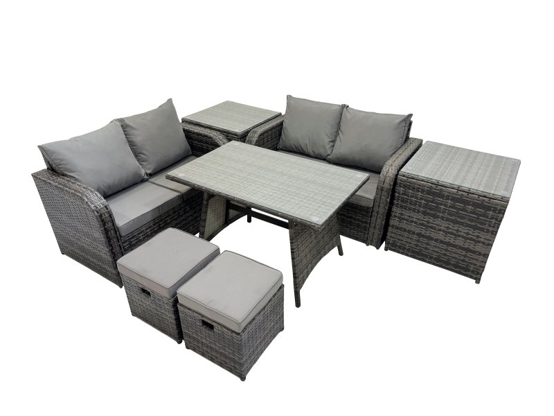 Fimous 6 Seater Garden Outdoor Rattan Furniture Set Rattan Sofa Oblong Dining Table with 2 Small Footstools 2 Side Table Dark Grey