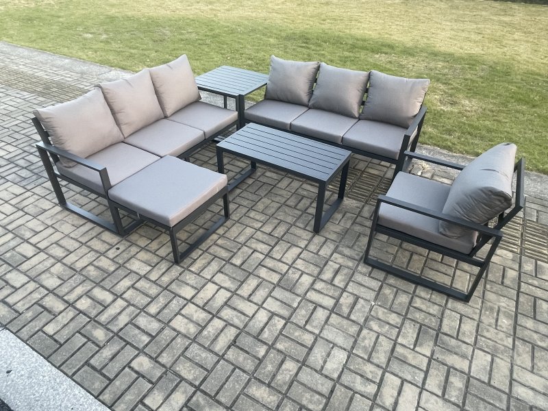 Fimous Aluminium 8 Seater Garden Furniture Outdoor Patio Sofa Set with Rectangular Coffee Table Armchair Big Footstool Side Table Dark Grey