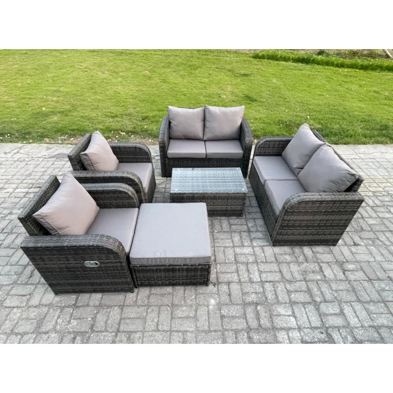 Fimous Rattan Garden Furniture Set Patio Outdoor Lounge Sofa Set with 2 Reclining Chairs Rectangular Coffee Table Big Footstool Dark Grey Mixed