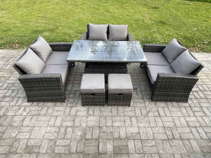 Fimous Wicker PE Rattan Garden Furniture Set Height Adjustable Rising Lifting Table Sofa Dining Set with Double Seat Sofa 2 Small Footstools Dark Grey Mixed