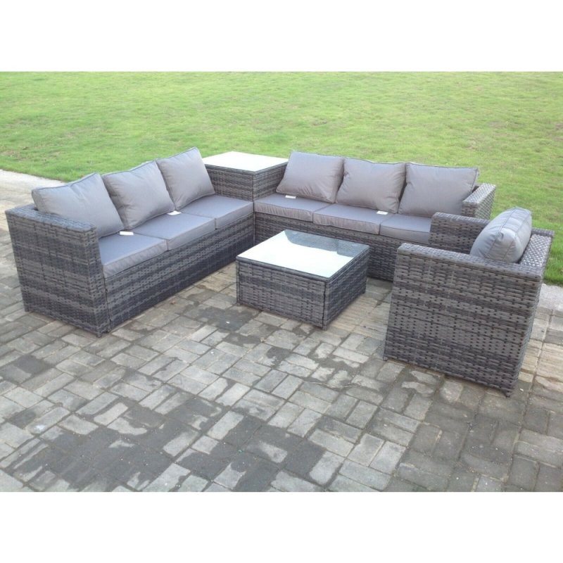 Fimous Dark Mixed Grey Outdoor Rattan Garden Furniture Set Corner Sofa 2 Tables With 1 Chair