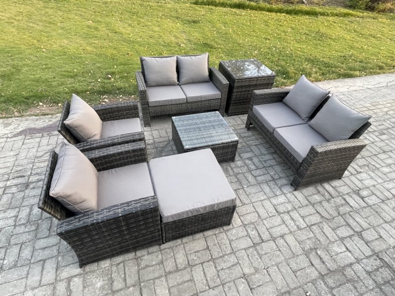 Fimous Rattan Garden Furniture Set 7 Seater Patio Outdoor Lounge Sofa Set with Square Coffee Table Double Seat Sofa Side Table Big Footstool Dark Grey Mixed