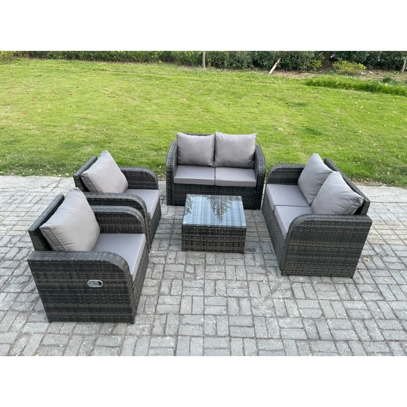 Fimous 6 Seater Rattan Sofa Set Outdoor Garden Furniture Set with Square Coffee Table Loveseat Sofa Reclining Chairs Dark Grey Mixed