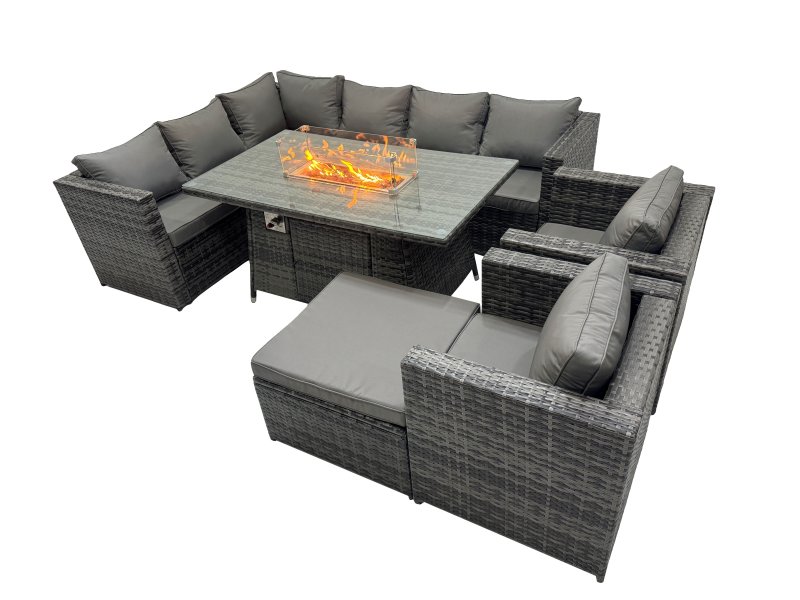 Fimous Rattan Garden Furniture Dining Set 9-seater Gas Firepit Dining Table Corner Sofa Set with Big Stool Dark Grey Mixed