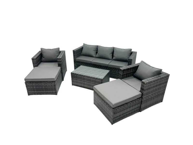Fimous Rattan Garden Furniture Dining Set 7-seater Patio Coffee Table Sofa Set with 2 Armchair 2 Big Footstools Dark Grey Mixed