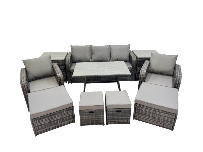 Fimous Garden Rattan Outdoor Furniture Set 9 Seater with 3 Seater Sofa 2 Side Table 2 Big Stool 2 Small Stools Dark Grey