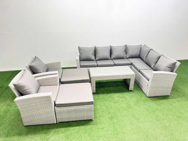 Fimous Rattan Garden Furniture Set 7 Pieces Outdoor Garden Sofa Oblong Coffee Table Set with 2 Chairs Light Grey Mixed