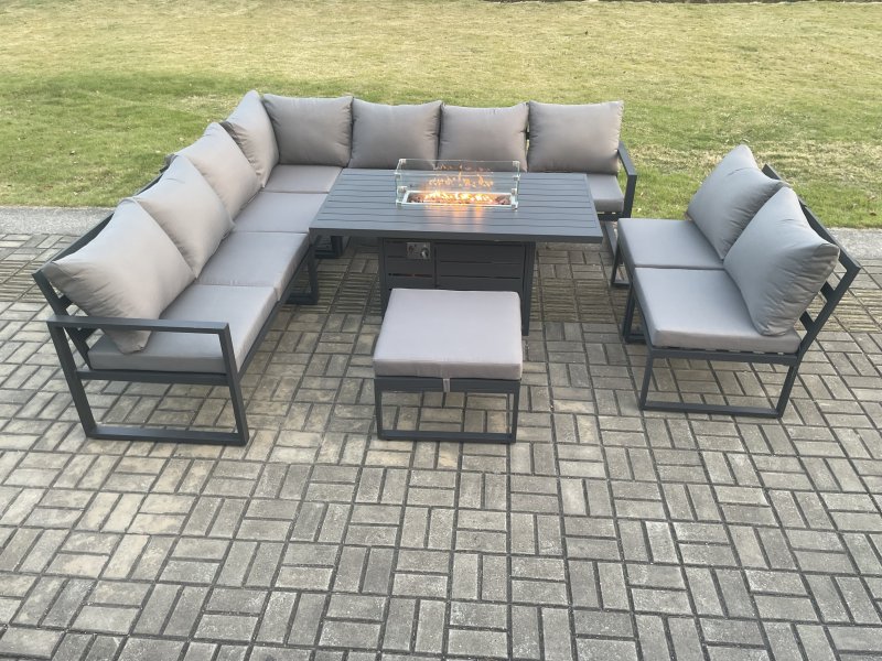 Fimous Aluminium 10 Seater Lounge Corner Sofa Outdoor Garden Furniture Sets Gas Fire Pit Dining Table Set with Big Footstool Dark Grey