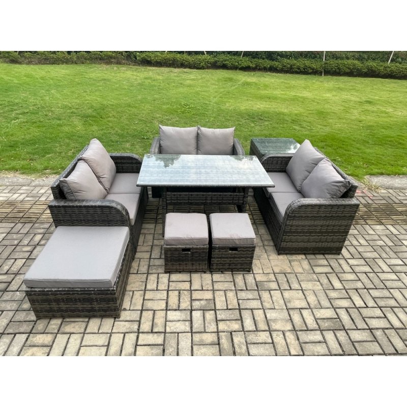 Fimous 9 Seater Outdoor Rattan Garden Furniture Set with Patio Rectangular Dining Table Love Sofa Side Table 3 Footstools Dark Grey Mixed
