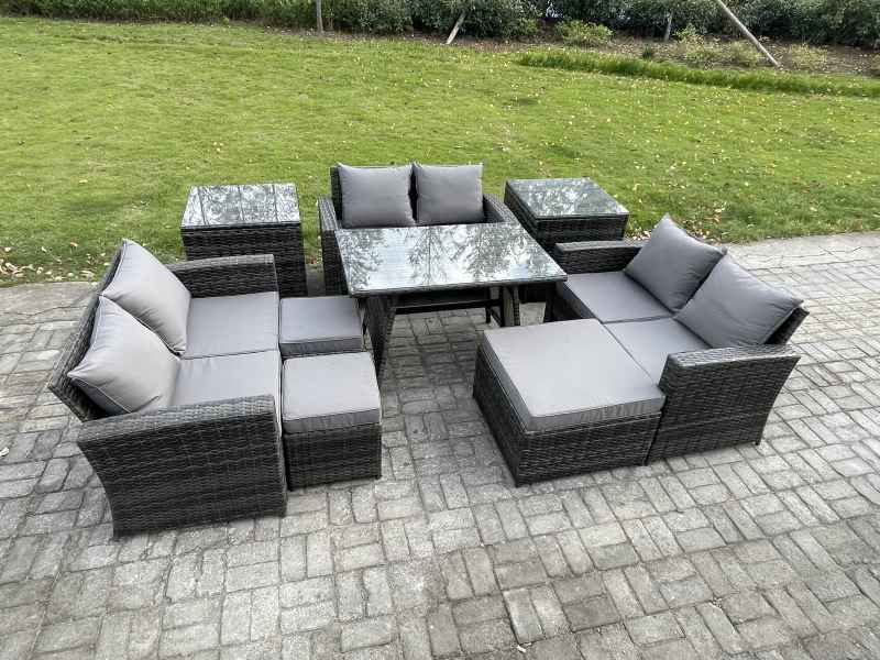 Fimous Outdoor Lounge Sofa Set Wicker PE Rattan Garden Furniture Set with Rectangular Dining Table 2 Seat Sofa 3 Footstools 2 Side Tables Dark Grey Mixed